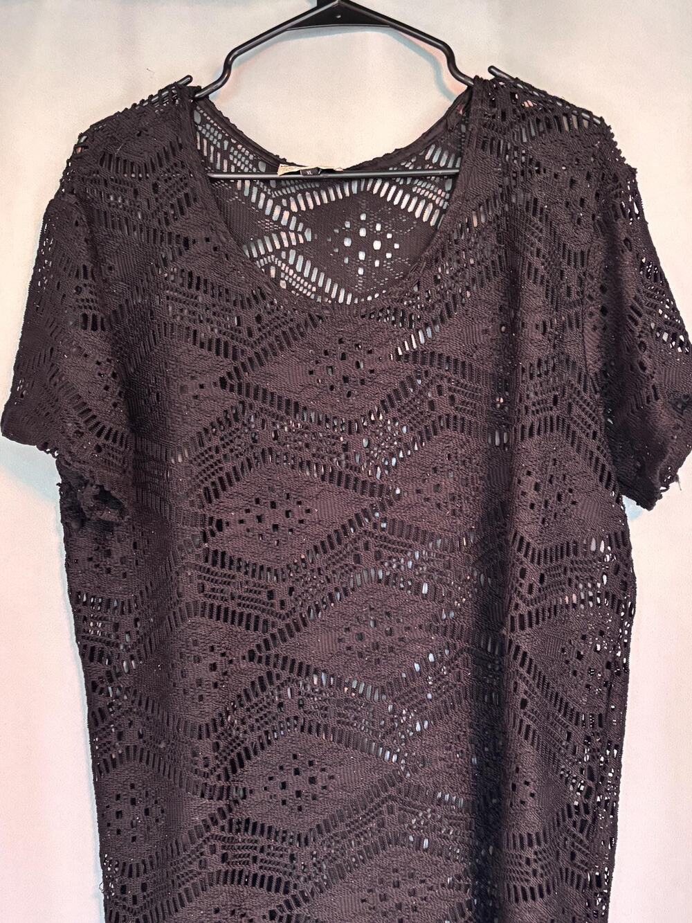 Womens Black J Valdi Lace Look Crochet Shirt Dress Cover Up Sweater Pullover XL